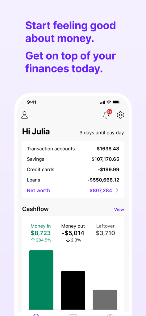Frollo - Feel good about money - Frollo app dashboard showing a summary of accounts net worth and monthly cashflow