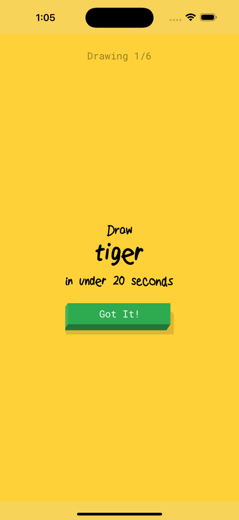 A screen from the Quick Draw AI Sketch Game prompting the user to draw a tiger in under 20 seconds.