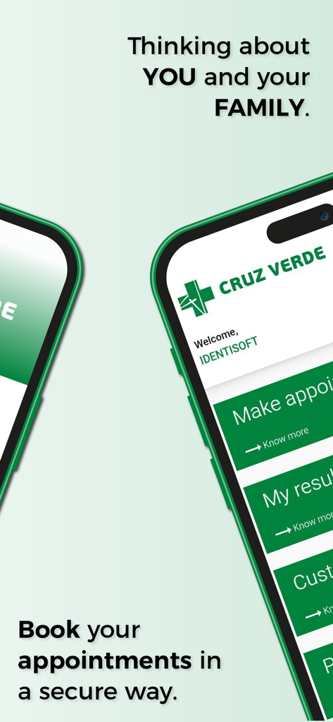 Cruz Verde - Cruz Verde mobile app interface for secure medical appointment booking and viewing exam results