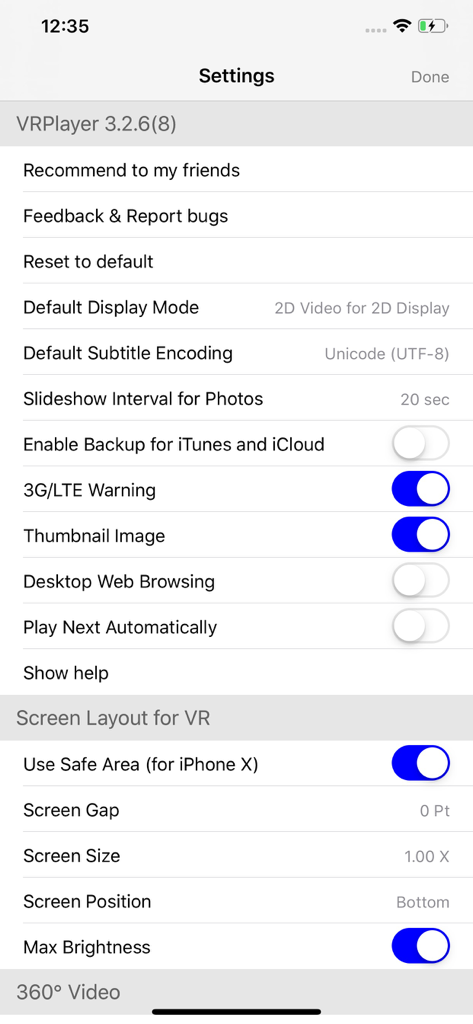 VRPlayer : 2D 3D 360° Video - The settings menu of the VRPlayer app showing VR screen layout and video display options.