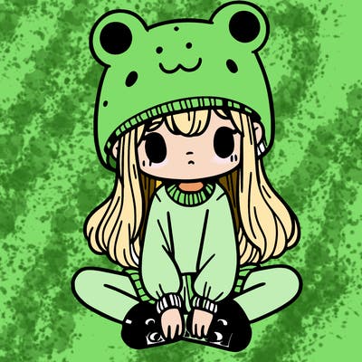 a girl wearing a frog hat and some frog socks