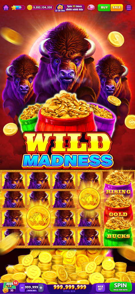 Wild Madness buffalo themed slot machine gameplay screen with gold coins in Woohoo Casino