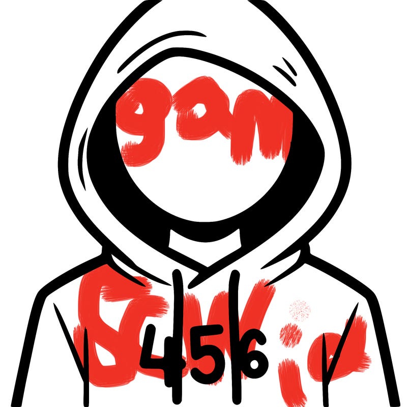 a person with non face waering a hoodie with a 456 symbol