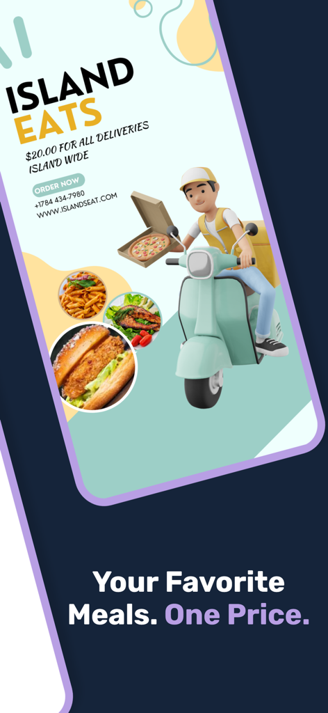 Island Eats - Island Eats delivery rider on a scooter with pizza and burgers for flat-fee island delivery