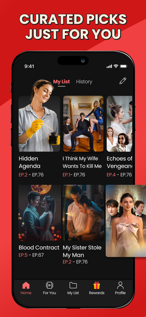 DramaDash: Drama Shorts TV - DramaDash app interface showing a curated list of short drama series titles like Hidden Agenda and Blood Contract