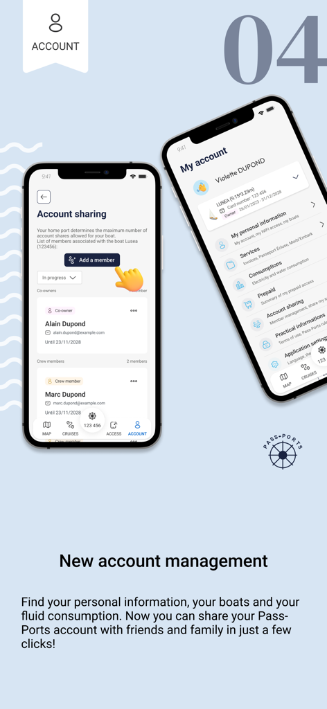 Interfaz de la aplicación Passeport Escales que muestra la gestión de cuentas y las funciones de uso compartido para propietarios de barcos y tripulación.