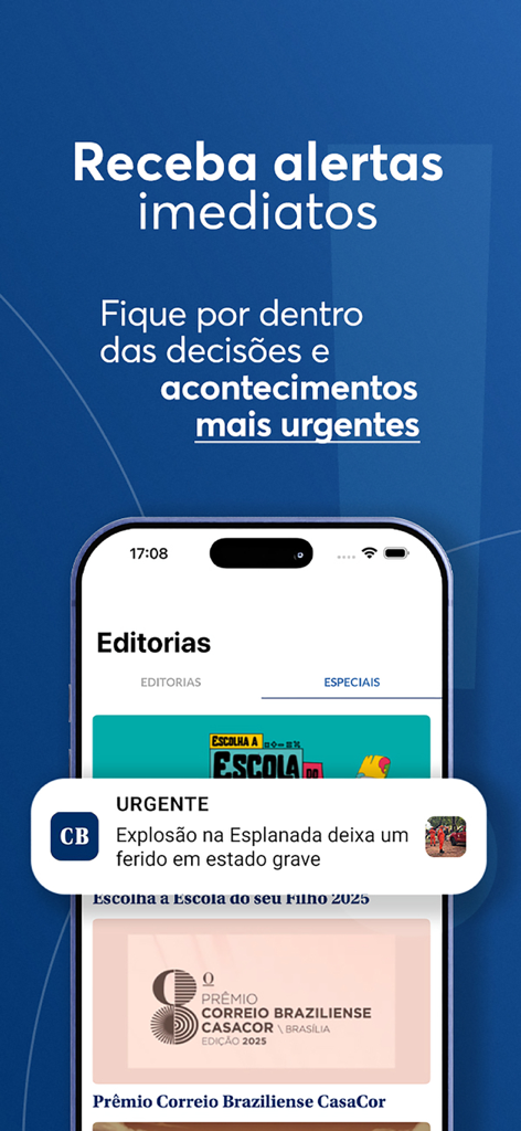 Correio Braziliense - Aplicativo Correio Braziliense exibindo uma notificação de notícias urgentes em tempo real em uma tela de smartphone.