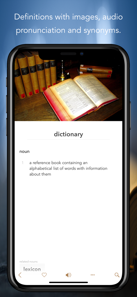 Word Vault: Vocabulary Builder - Word Vault app screen showing a dictionary definition with a book illustration and synonyms