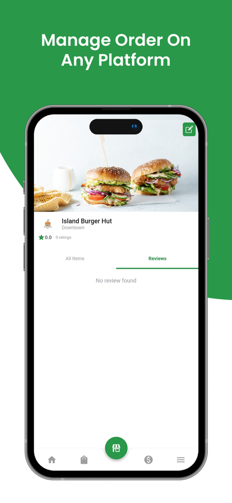 Order-Up Merchant mobile app interface displaying the restaurant profile and reviews page for Island Burger Hut