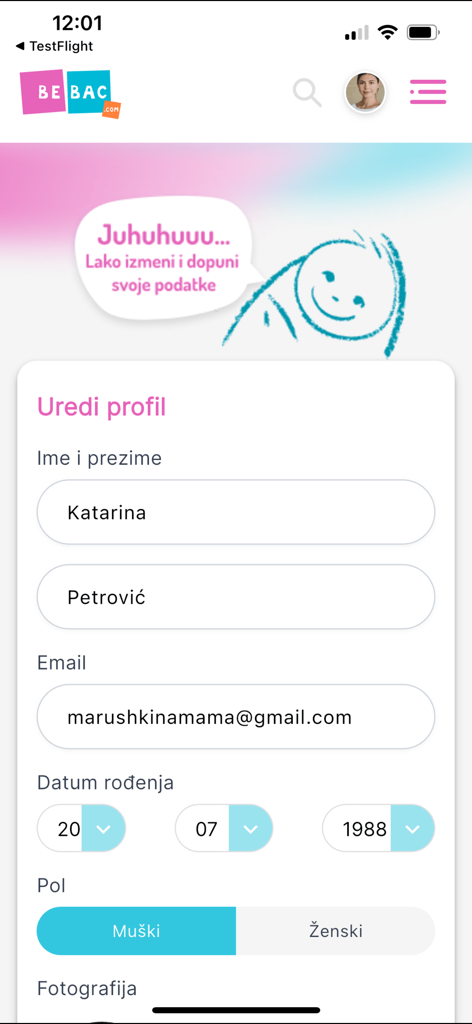 Bebac - Edit profile screen in the Bebac parenting app with fields for name email and birth date in Serbian