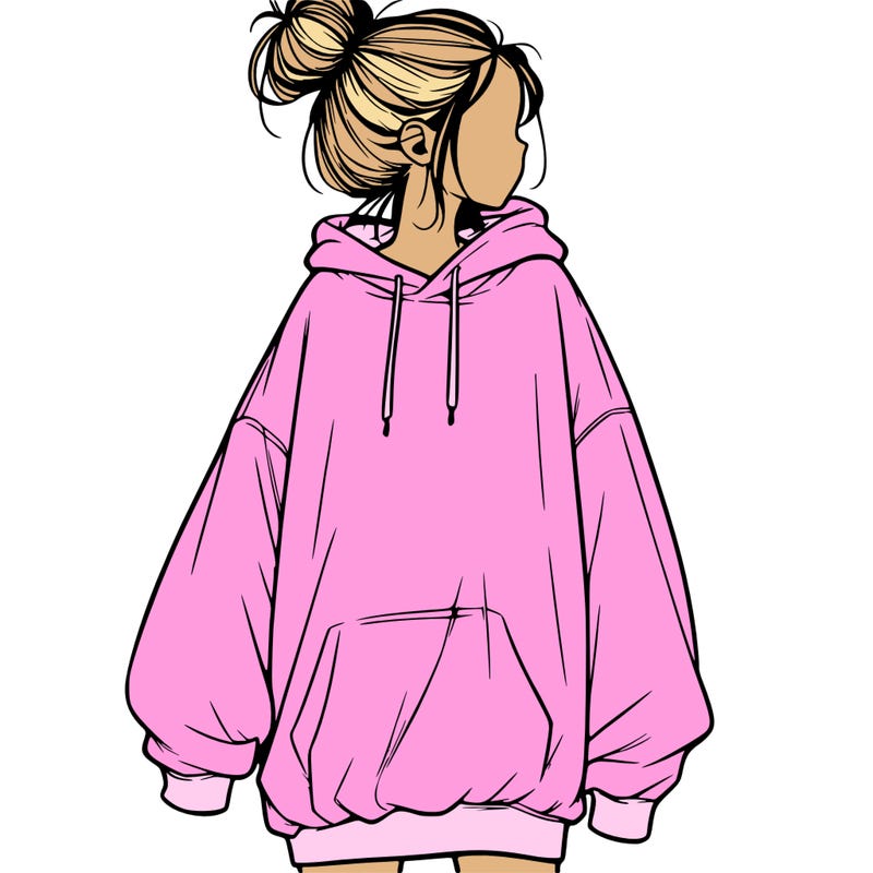 realistic girl with a oversized sweatshirt on and a bun