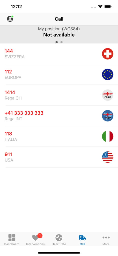 Fondazione Ticino Cuore - Pantalla de la aplicación móvil que muestra los números de contacto de emergencia para Suiza, Europa, Italia y EE. UU.