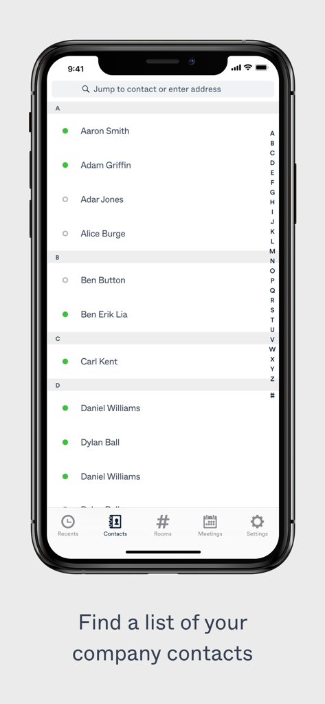 Pexip (My Meeting Video) - Pexip app interface showing a searchable company contact directory with online status indicators