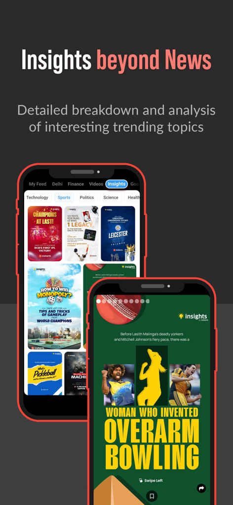 Inshorts app screenshot showing the Insights feature with detailed analysis of trending topics like sports and history