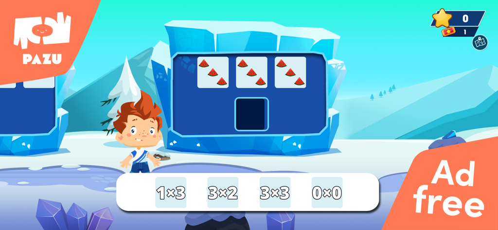 Math Games For Kids - Grade 3 - Educational game screen showing multiplication with watermelon slices and a cartoon character in a winter setting