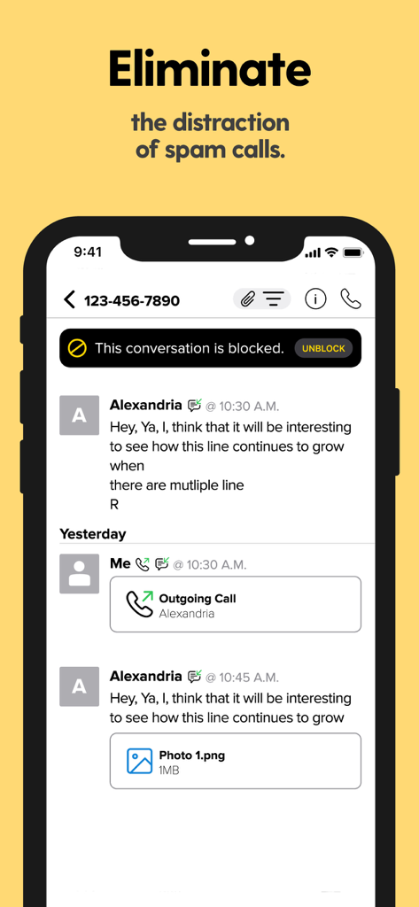 SwitchUp - Second Phone Number - A smartphone displaying the SwitchUp app interface with a blocked conversation and a headline about eliminating spam calls