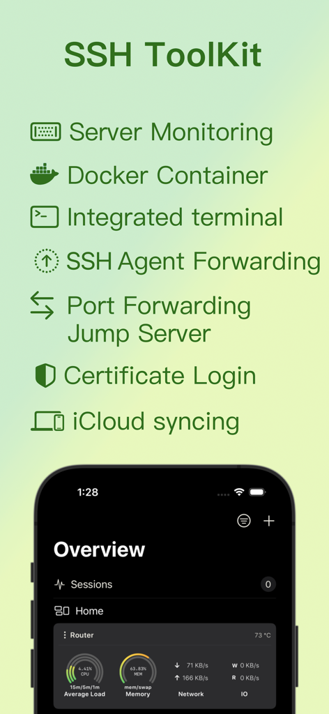 ShellBeanアプリのインターフェース。SSHツールキット機能のリストとモバイル画面上のサーバー監視ダッシュボードが表示されています。