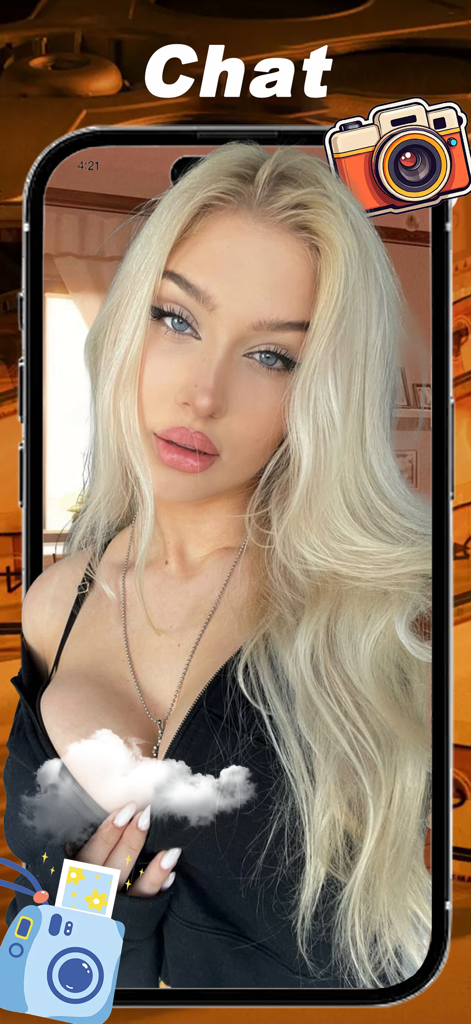 Screenshot dell'app Fotzy che mostra la funzione di chat dal vivo e l'immagine del profilo di una giovane donna