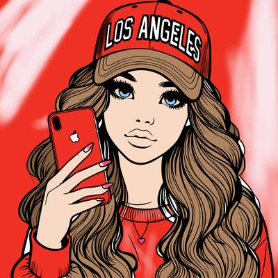 realistic beautiful girl wearing los ángeles cap holding an iphone