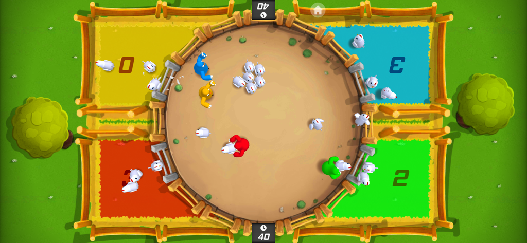 Party Friends Fun Mini Games - Quatro jogadores competindo em um minijogo de pastoreio de galinhas em uma única tela