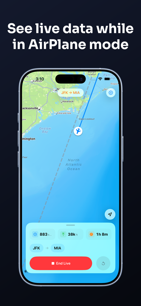 Sky Trace - Track Your Flight - Sky Trace app interface on iPhone showing a live flight map from JFK to MIA with real time speed and altitude data in airplane mode