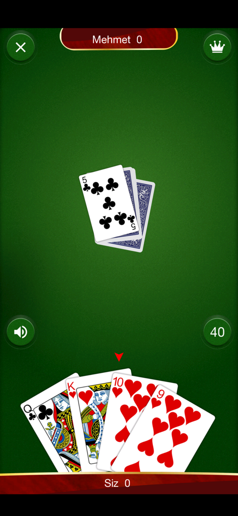 Pişti - İnternetsiz - Gameplay-Bildschirm des türkischen Kartenspiels Pisti, der Karten auf einem grünen Tischhintergrund zeigt