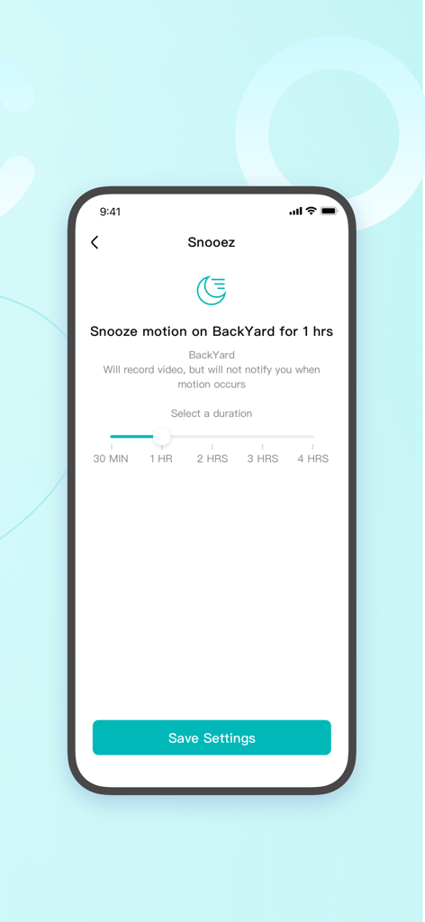 Una captura de pantalla de la aplicación de seguridad Dekco que muestra la configuración de pausa de notificaciones de movimiento para una cámara de patio trasero.