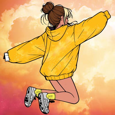 realistic girl jumping with a bun and oversized sweatshirt