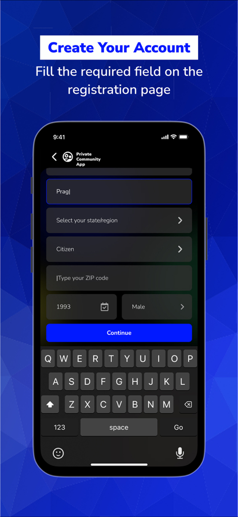 MyVoiceCounts - Interfaz de aplicación móvil que muestra la página de creación de cuenta de MyVoiceCounts con campos para estado, código postal, año de nacimiento y género.