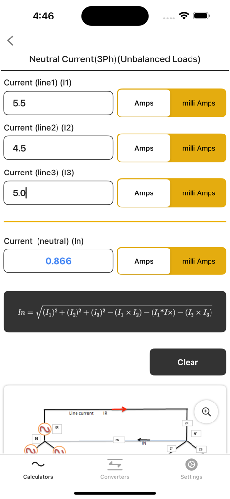 Electrical Calculator lite - Captura de pantalla de la aplicación Calculadora Eléctrica que muestra un cálculo de corriente neutra trifásica para cargas desequilibradas, incluidos campos de entrada y la fórmula matemática.