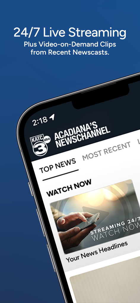 KATC News app interface showing 24/7 live streaming and video on demand news clips