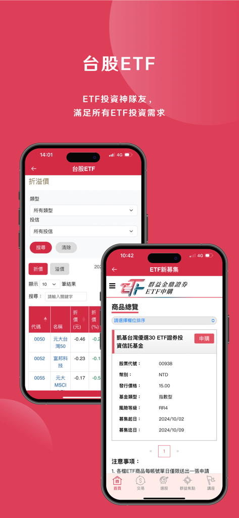 群益大老鷹 - Mobile app interface of Capital Securities Eagle showing Taiwan stock ETF features and new subscription details