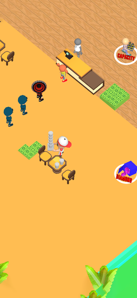 My Great Coffee Restaurant 3D - Gameplay-Screenshot, der einen Barista zeigt, der einen Stapel Tassen trägt, während Kunden in einer 3D-Kaffeebar Schlange stehen.