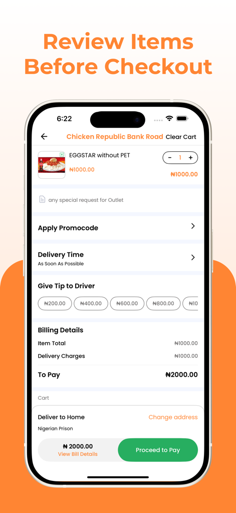 Doorstep Delivery - Review items screen of the Doorstep Delivery app showing the order summary and proceed to pay button