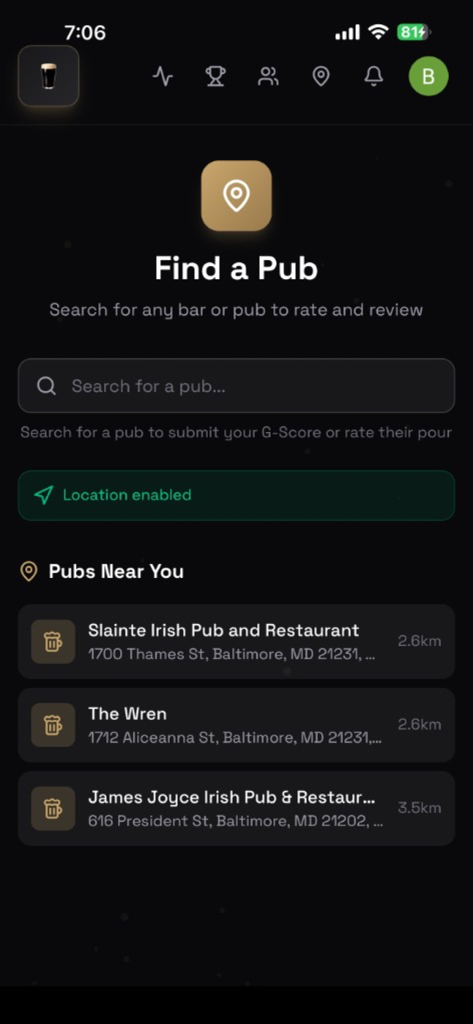 G-Score - Screenshot of the G-Score app Find a Pub screen showing a list of nearby bars in Baltimore