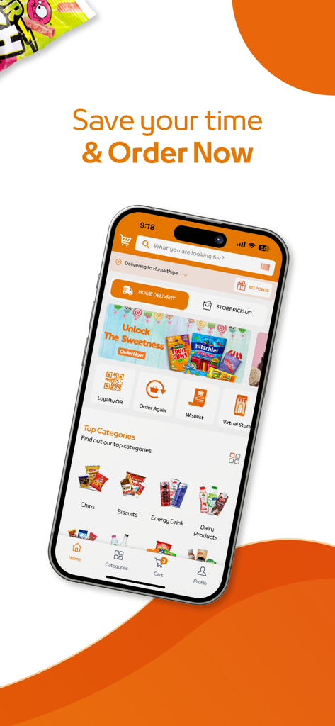 Trolley – ترولي - The Trolley mobile app interface showing snack categories and delivery options on an iPhone screen.
