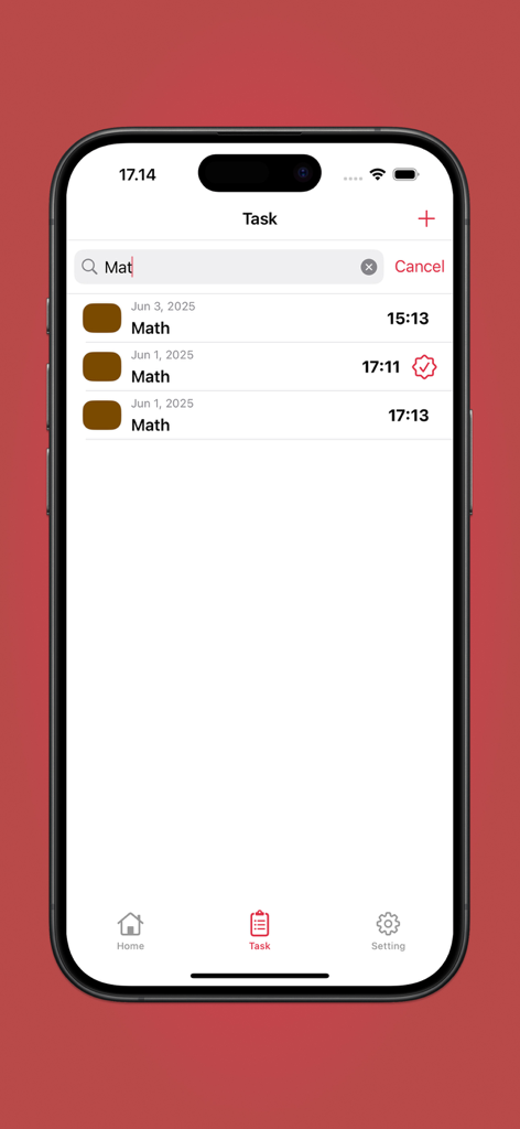 School Timetable & Task - iPhone screen showing the task search feature in the School Timetable app with listed math assignments