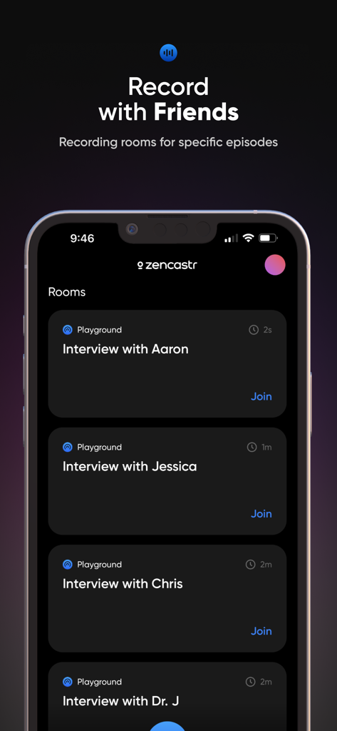 Zencastr mobile app interface showing a list of podcast recording rooms for interviews