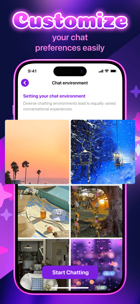 Fenko - Fast Talk & Chat - Interfaz de la aplicación Fenko para personalizar preferencias de entorno de chat con diferentes fondos estéticos