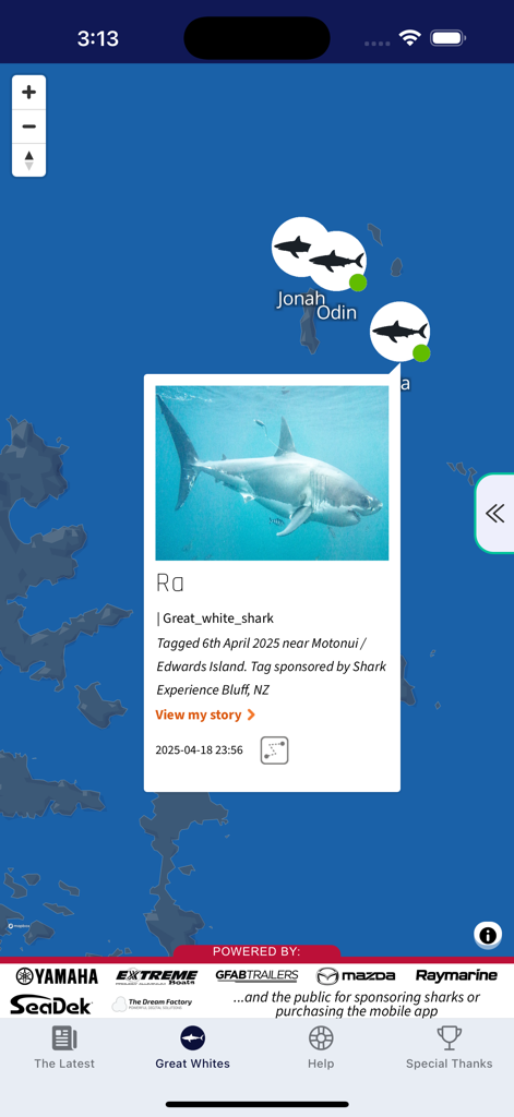 The Great White App - 追跡されたサメの位置とラという名前のサメのプロフィールを示すグレートホワイトアプリのマップインターフェイス