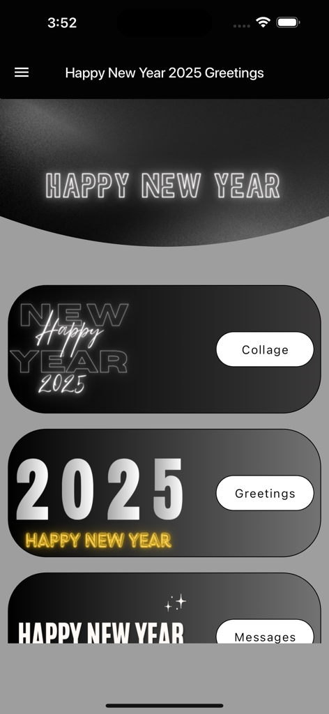 콜라주, 인사말, 메시지 옵션이 있는 새해 2026 인사 앱의 홈 화면