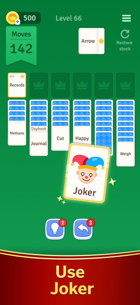 Gameplay screenshot of Solitaire Associations Journey showing word cards being sorted and a special Joker card feature.