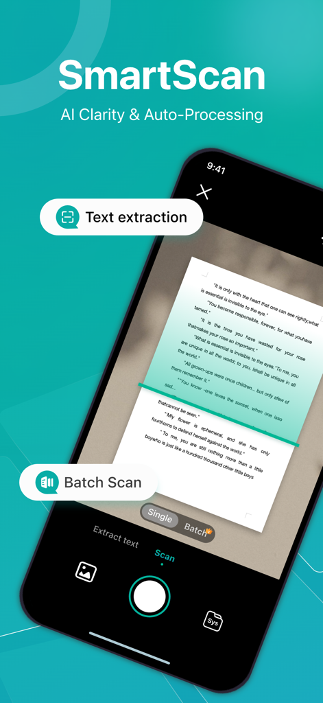 PDF Scanner App: Ai Scanner - PDF Scanner App interface showing SmartScan feature with AI clarity and text extraction
