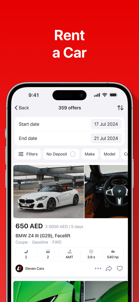 AUTO.AE: Buy & Sell Cars - Mobile interface of the AUTO.AE app displaying car rental offers and search filters