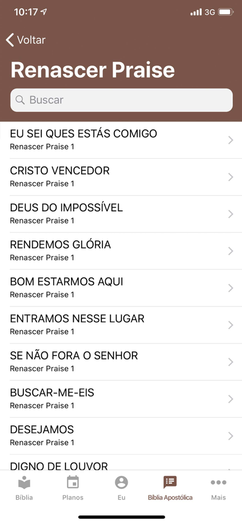 A list of Renascer Praise worship songs displayed in the Biblia Apostolica app.