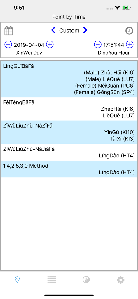 Chrono-Acupuncture - Acupuncture points calculated for specific date and time using TCM methods