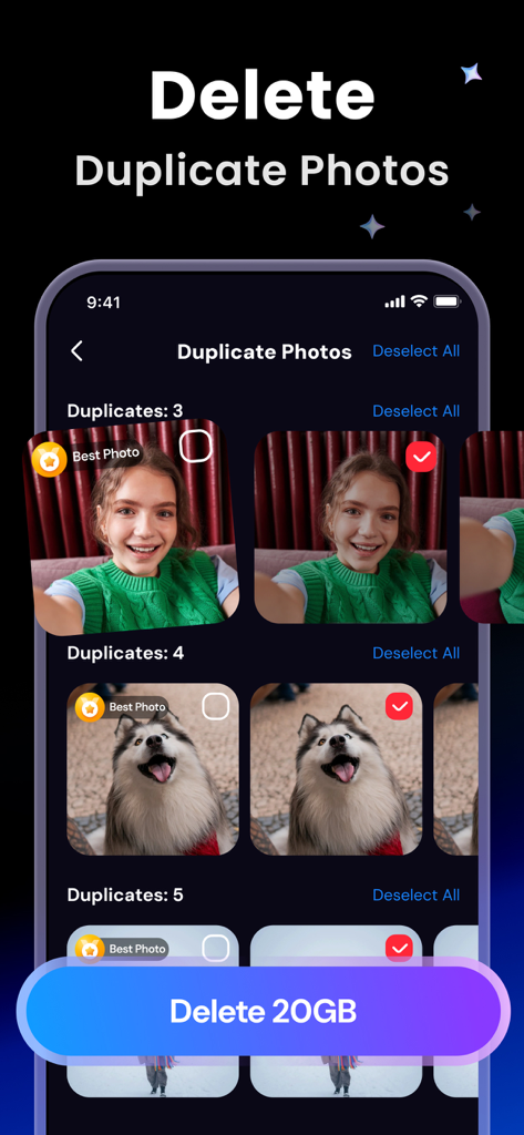 Clean Storage Now：AI Cleanup - Interfaz de la aplicación Clean Storage Now mostrando la función de eliminación de fotos duplicadas con una opción para eliminar 20 gigabytes de datos