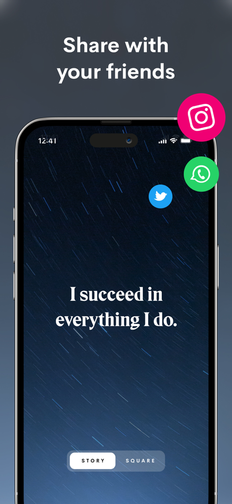 Manifest - Daily Affirmations - Un smartphone que muestra una afirmación positiva sobre un fondo estrellado con iconos para compartir en Instagram y WhatsApp.