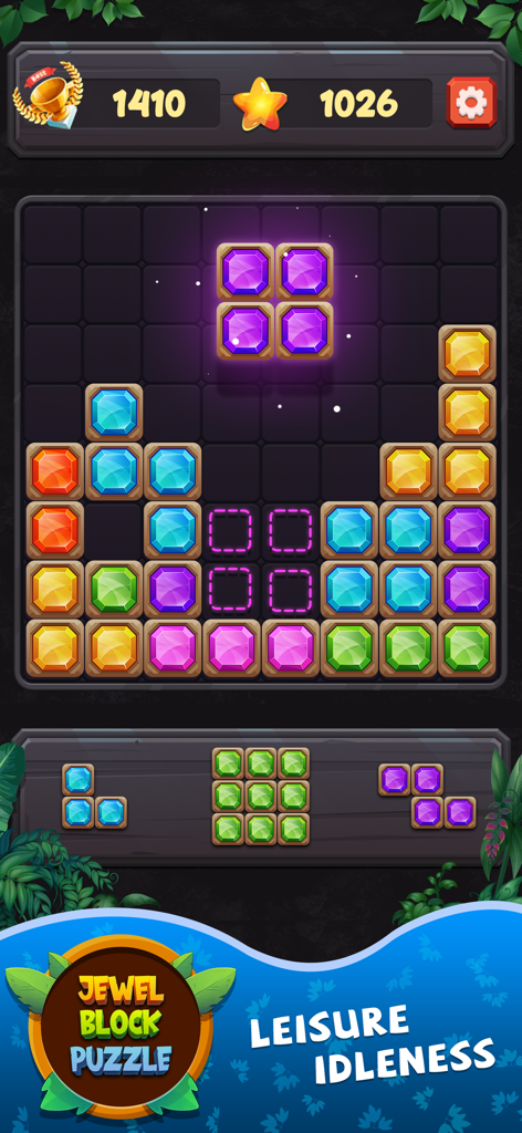 Gameplay of Jewel Block Puzzle Classic showing colorful gems on a grid