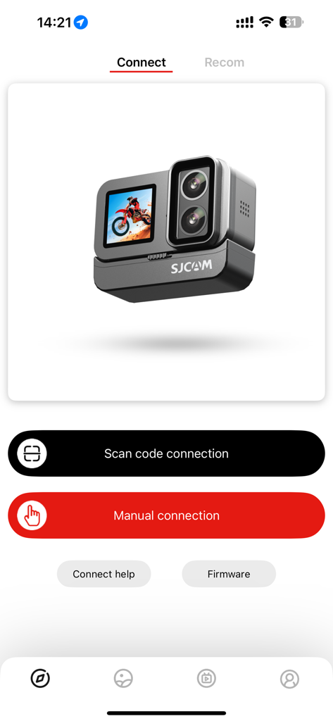 Pantalla de la aplicación móvil SJCAM Zone que muestra opciones para conectar una cámara de acción mediante código QR o conexión manual